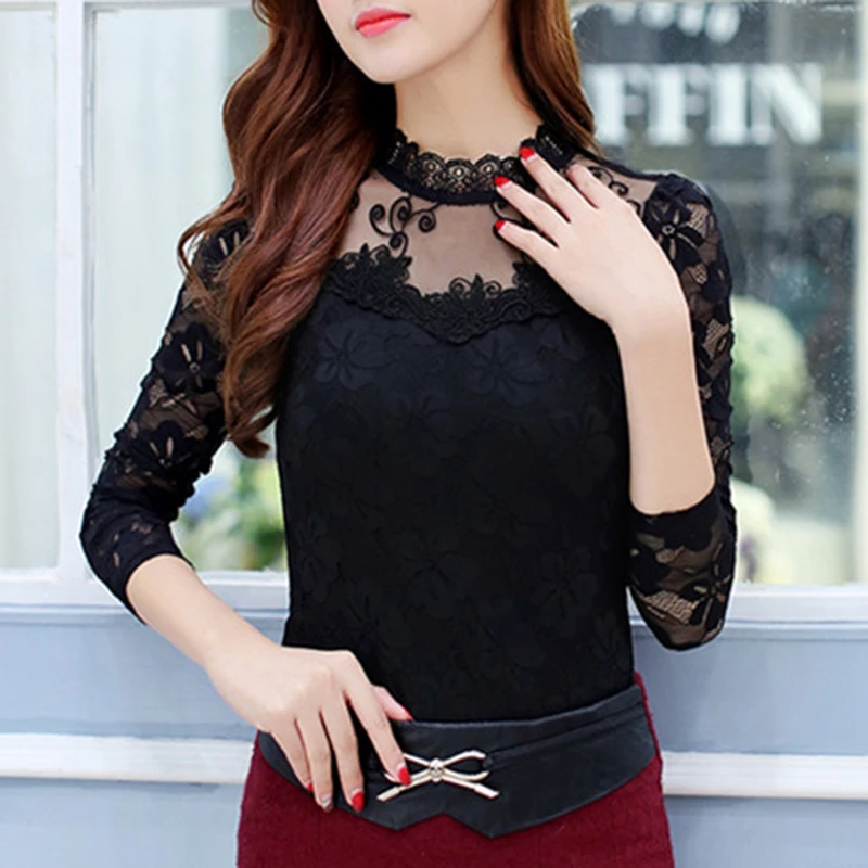 Femininas Blusas 2020 Women Blouses Spring Autumn Fashion Sexy Slim Shirt Tops Lace Long Sleeve O-Neck Leisure Black/White S-5XL