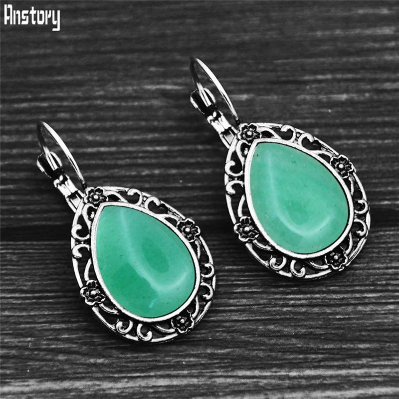 Vintage Drop Natural Jades Earrings Antique Silver Plated Natural Unakite Stone Flower Pendant Fashion Women Earring