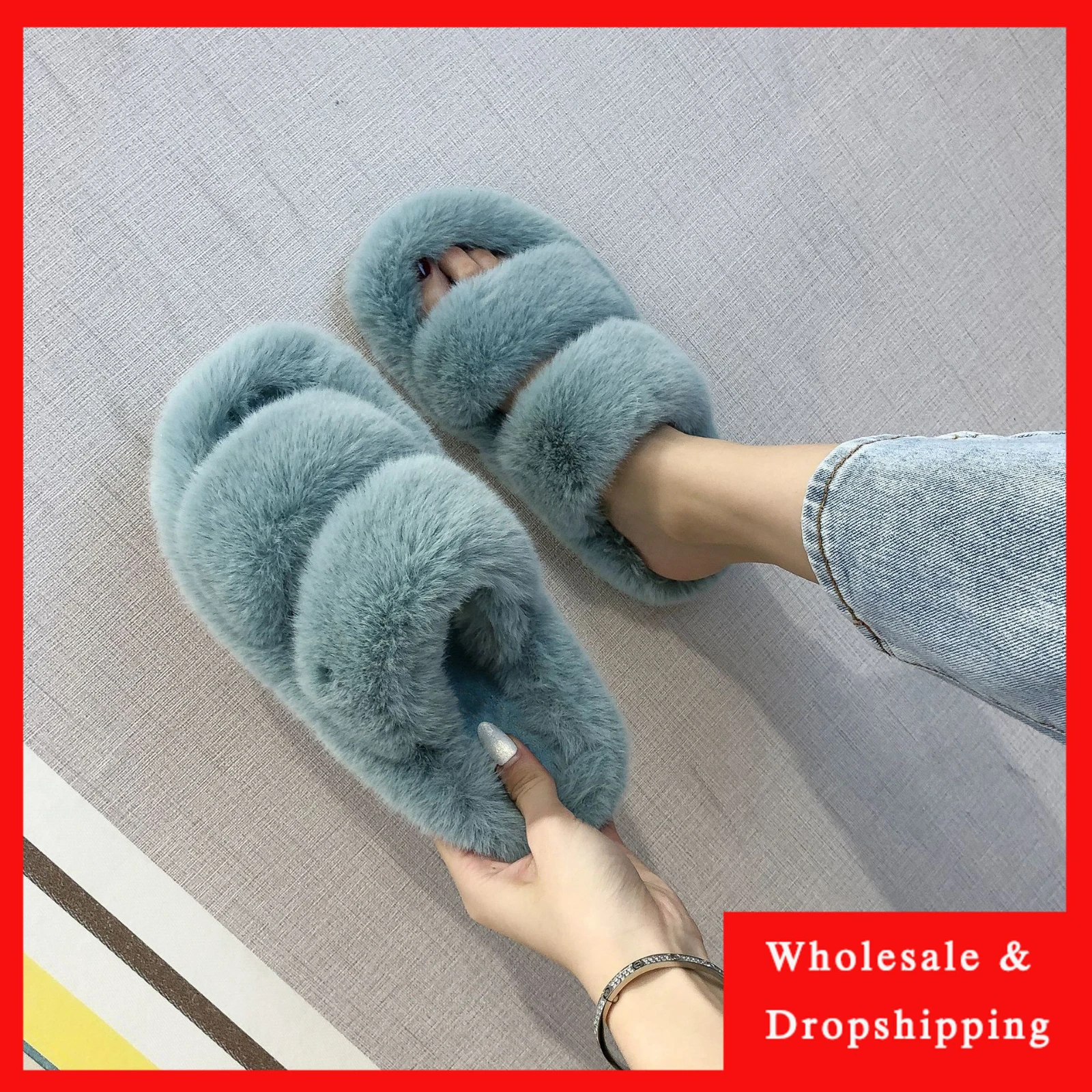 

New Women Fur Slippers Winter Slides Fluffy Furry Sandals Woman Flip Flops Home Slippers Hot Ladies Plush Shoes