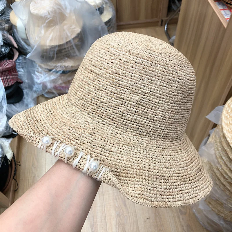 

Straw Hats Famous Japanese-Korean Hand-stitched Pearl Seam Straw Pot Hat Female Gentle Sun Hat Folding Sun Hat
