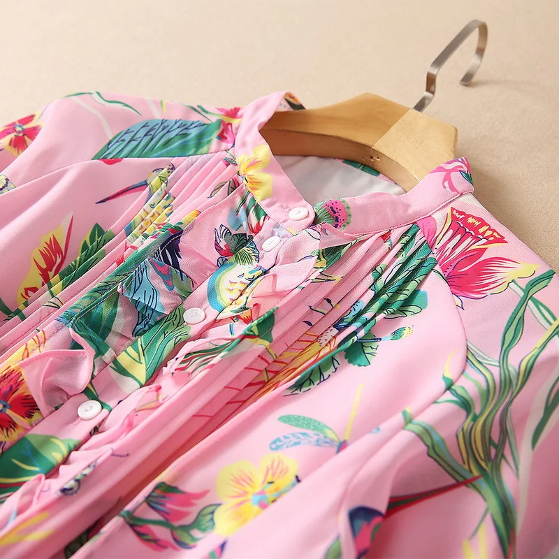 

European and American women's clothing spring 2021 new Seven-point sleeve collar Fashionable pink floral print flouncy dress