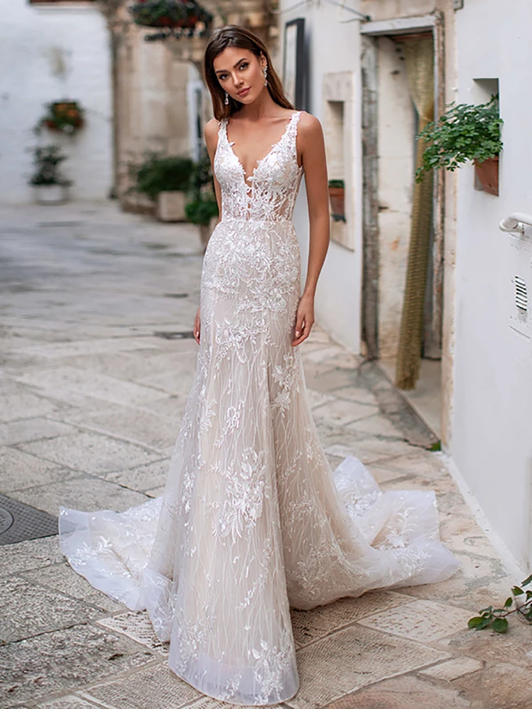 Женское свадебное платье без рукавов белое кружевное с V-образным вырезом в стиле