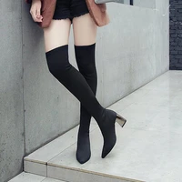 2021 new sexy fashion women sock boots pointed toe chunky heel womans over the knee flock solid color ladies shoe weave autumn
