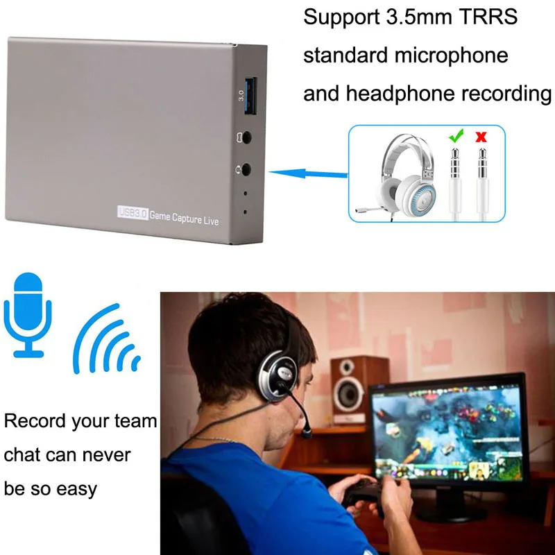 4K 60FPS для ТВ HDMI Карта видеозахвата Запись коробка USB 3,0 компьютера OBS VMIX VLC Facebook потоковая трансляция в прямом эфире с микрофоном