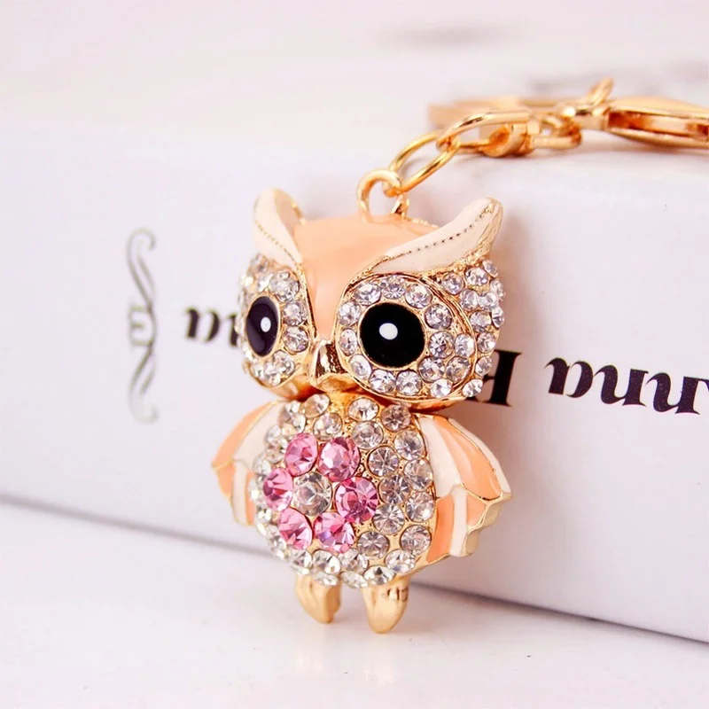 

2021 Rhinestone Owl Keychain Charm Animal Pendant Jewelry Handbag Purse Bag Key Ring Unisex Ornament Car Key Chain Gift 5 Color