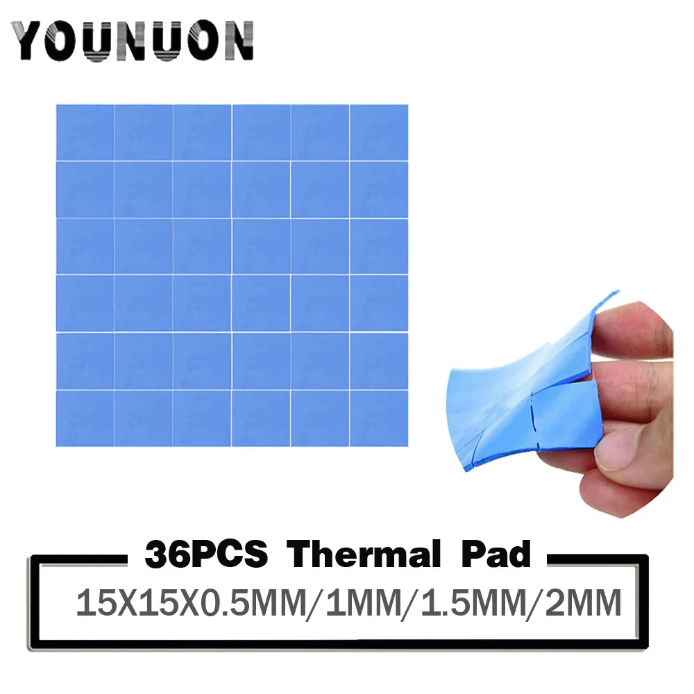 

YOUNUON 36 pcs 15mm*15mm*2mm 1.5mm 1mm 0.5mm Thermal Pad GPU CPU Heatsink Cooling Conductive Silicone Pad