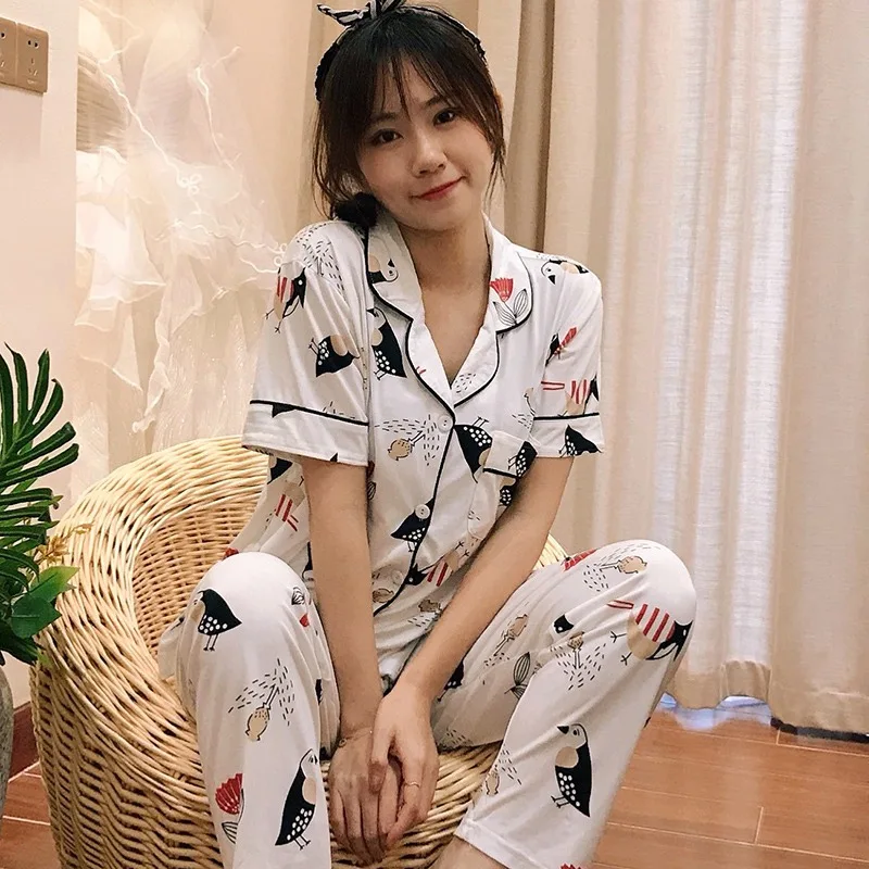

2020 Summer Print Short Sleeve Long Pants Pajama Sets for Women Sleepwear Suit Pyjamas Femme Homewear Pijama Mujer Home Clothes
