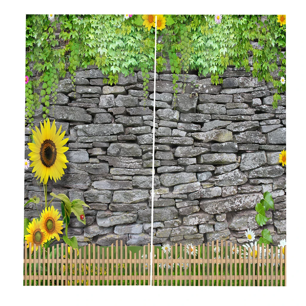 Пользовательские 3D занавески деревенские цветы с зелеными листьями на каменной