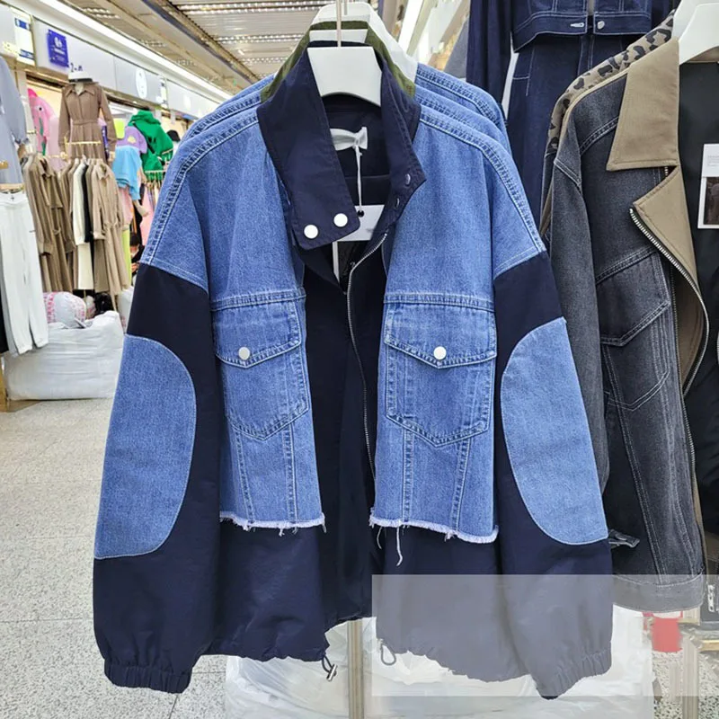 

SeeBeautiful Contrast Color Denim Spliced Loose Jacket Coat Lapel Long Sleeve Zipper Women Autumn 2021 New Fashion Tide G493