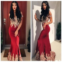 arabic burgundy mermaid prom dresses off shoulder gold appliques long formal evening party gowns special occasion dress 2020