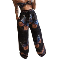 women summer beach 2pcs outfits set sexy v neck crop top and wide leg palazzo pants bohemian butterfly print loungewear