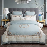 luxury egyptian cotton chic crown embroidery duvet cover set blue white patchwork queen king size bedding set bed sheet set