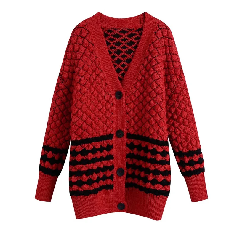 

MESTTRAF Women 2021 Fashion Loose Rhombus Jacquard Knit Sweater Retro V- Neck Long Sleeve Cardigan Outerwear Streetwear