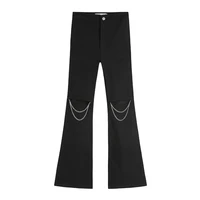 2022 womens black chic flare pants hollow out high waist casual slim long trouser summer streetwear lady hole pants and chain