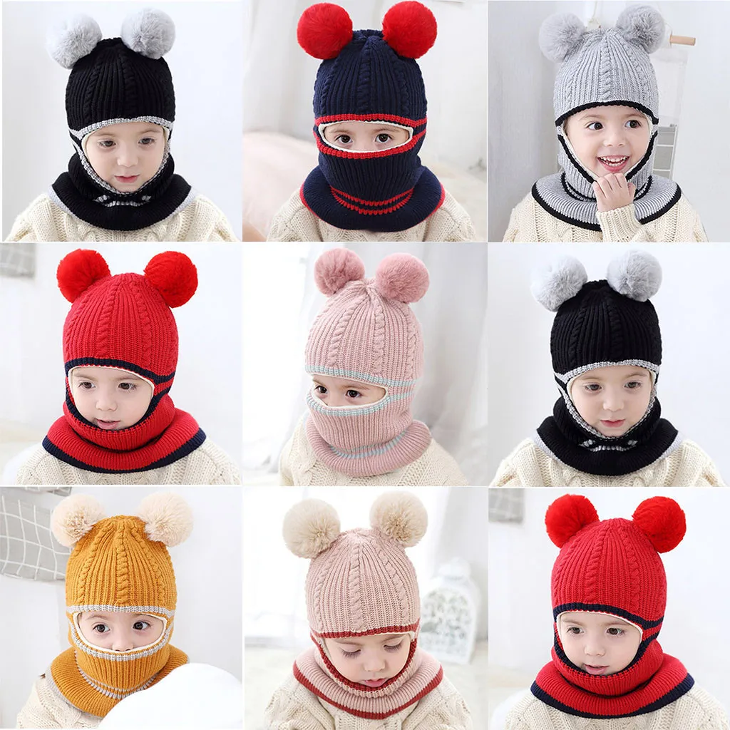 Baby Hat Scarf One-pieces Boys Girl Pompon Hats for Kids Winter Warm Knit Crochet Beanie Cap Children Caps 2-5Y | Детская одежда и