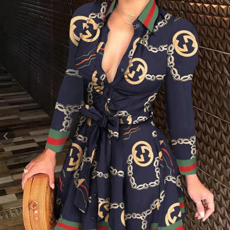 

YILINHAN Sexy Women DeepV-neck Mini Dress Spring Autumn Long Sleeve Chain Print Dresses Laides High Waist Party Dresses Clubwear