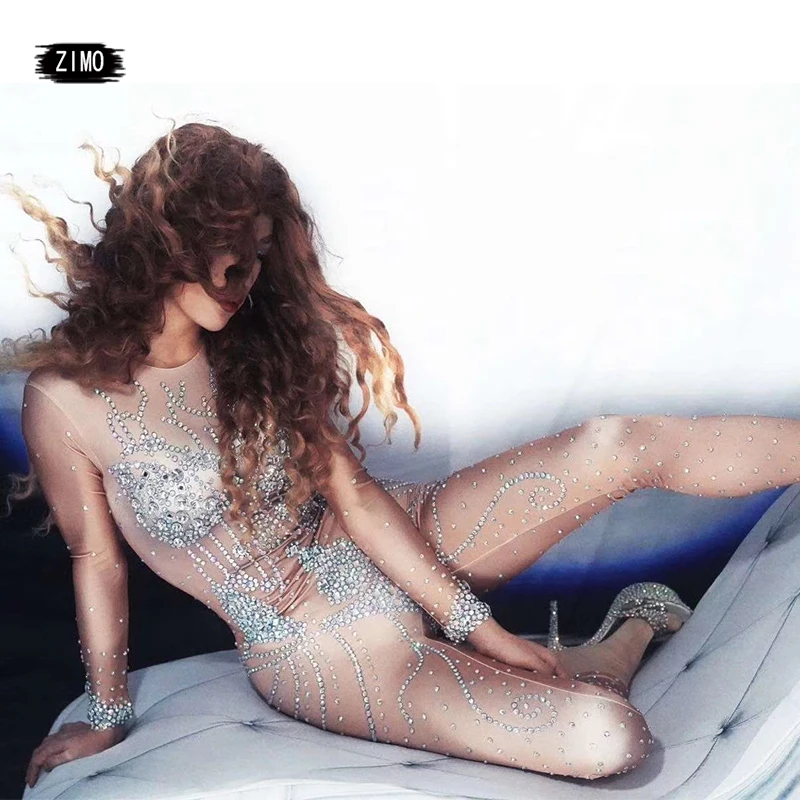 

Shiny Crystal Jumpsuit AB Rhinestone Sexy Bodysuit Women birthday party Nightclub Singer Performance Stage pole Dance Costume
