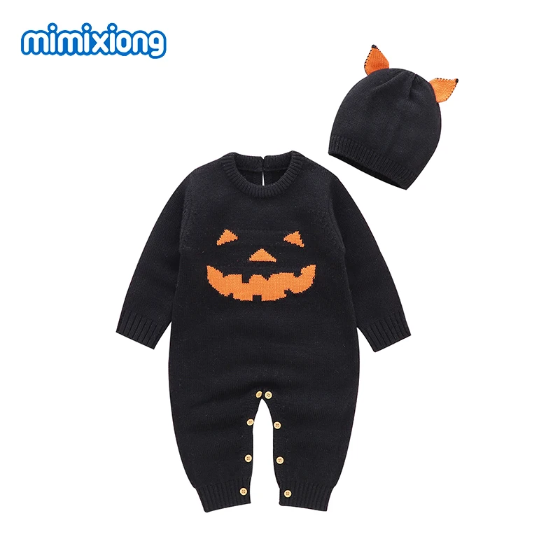 

Baby Holloween Rompers Knitted Newborn Bebes Boys Girls Sweater Jumpsuits Clothes Autumn Winter Toddler Children Pumpkin Overall