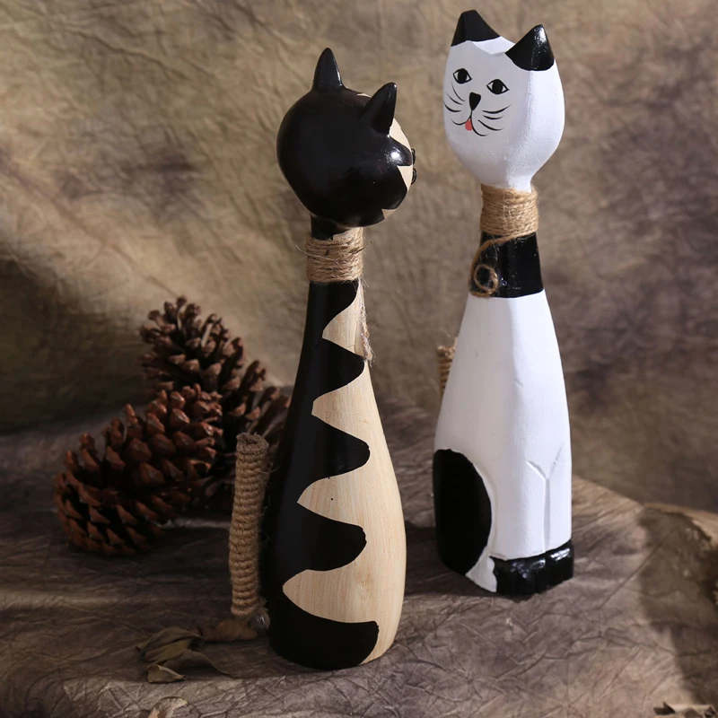 

Wood Couple Cats Figurines Cute Animal Ornament Home Decoration Accessories Wooden Crafts Wedding Gifts