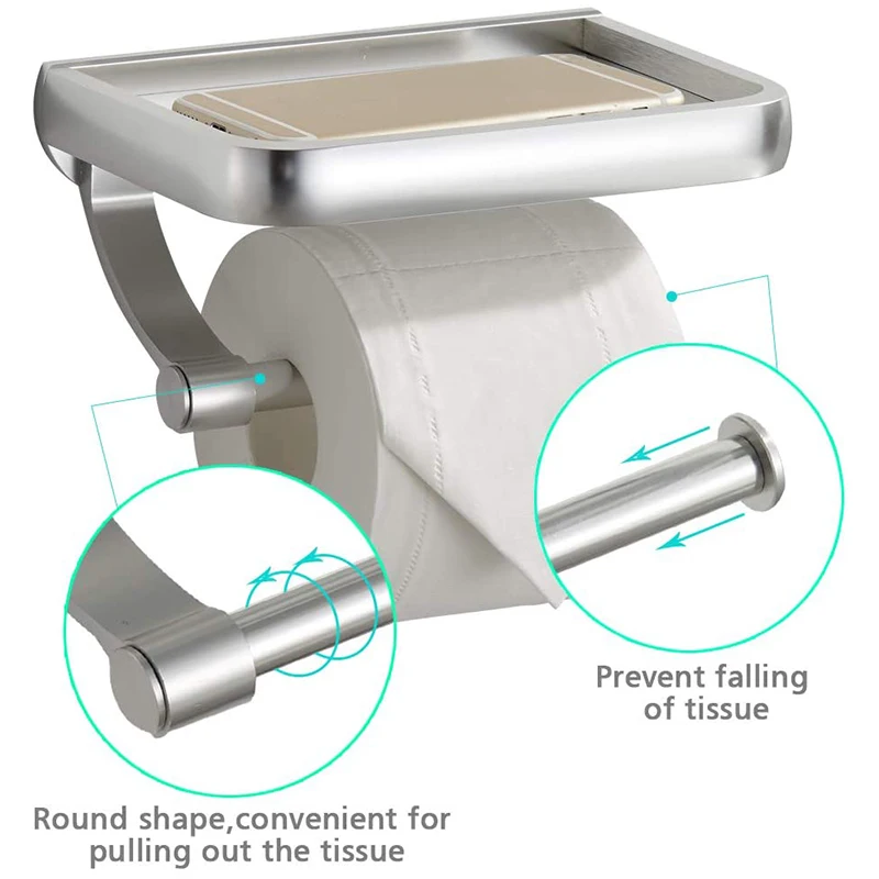 

Toilet Paper Holder with Shelf, Anti-Rust Aluminum Toilet Roll Holder with Phone Shelf for All Mobile Phone