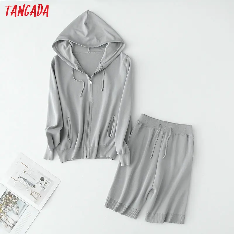 

Tangada korea chic solid hood knitted suit women shorts set knitted suit 2 piece set sweet top and shorts YU65