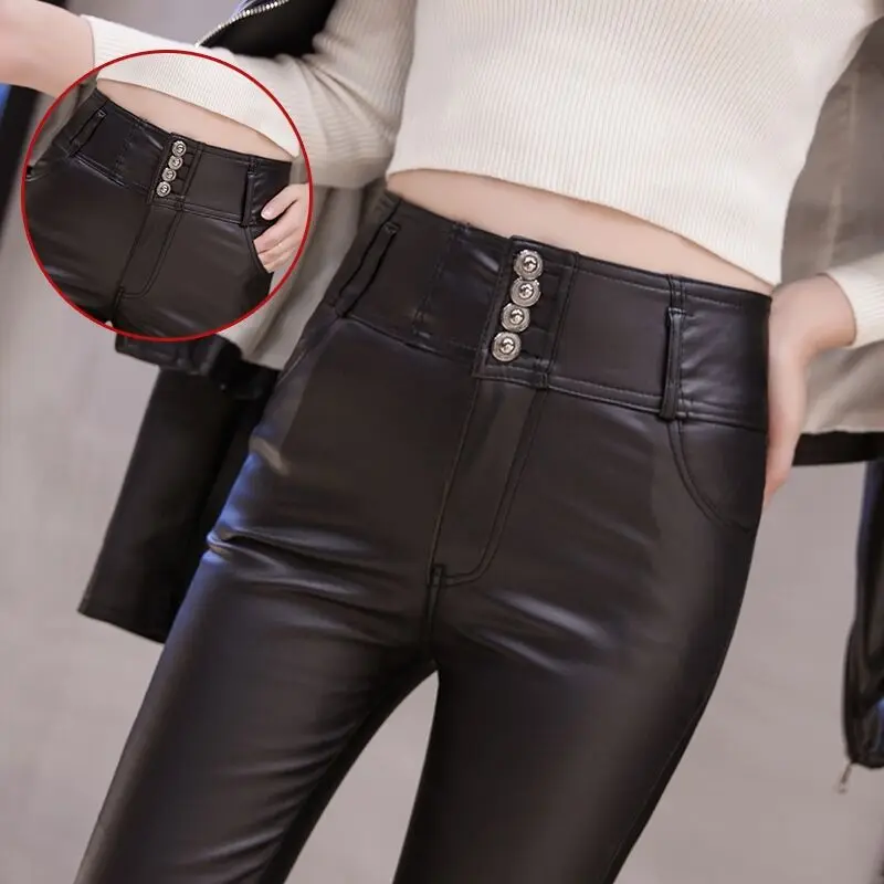 Кожаные брюки женские зимние с высокой талией 2019 новые PU узкие бархатные кожаные