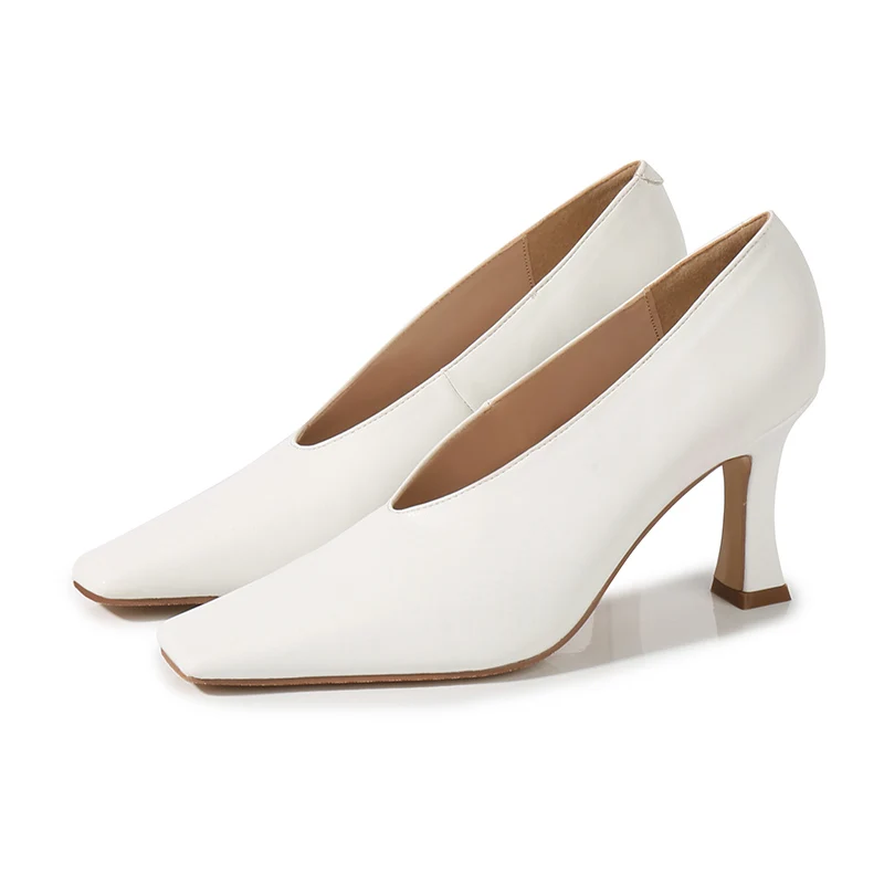 

2020 New Spring High Heels Pumps Women's Shoes Square Toe Leather Retro Lady Shoes White Black Wine Z33