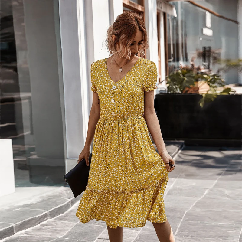 

2021 Spring New Bohemian Print Dress Women Casual Short Sleeve High Waist Button Dress For Women Slim Summer Dress