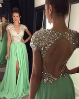 Luxury Mint Green Prom Dress Backless Beaded Special Occasion Party Gown