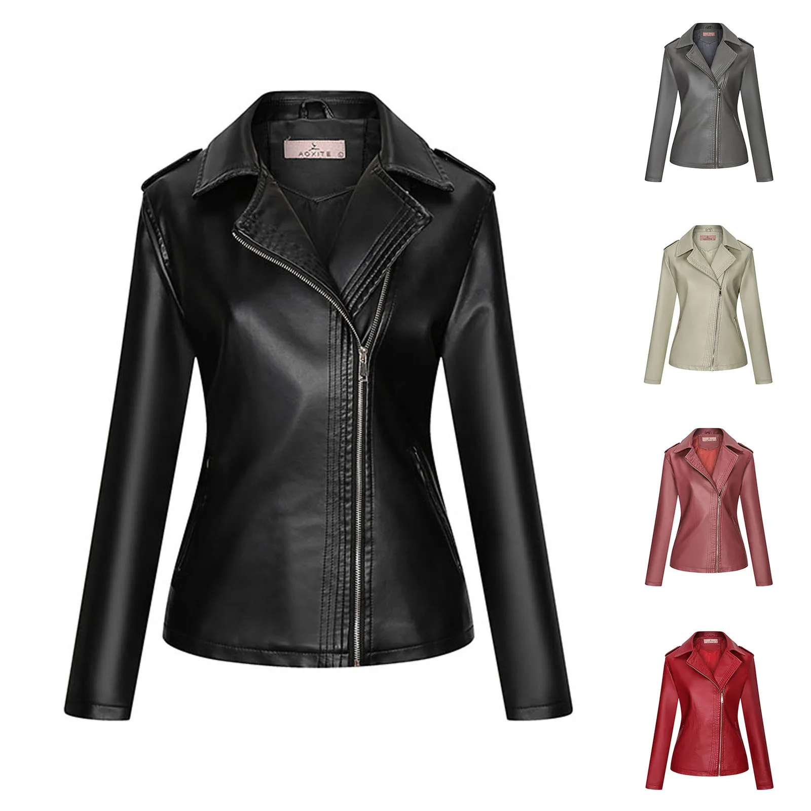 

Women Motorcycle Jacket Solid Color Lapel Zip Pocket Long Sleeve Belted Slim Fit Casual Coat Biker Punk Short Outerwear
