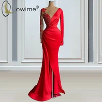 elegant red long sleeve mermaid evening dresses 2021 illusion o neckline beaded satin evening gowns with split