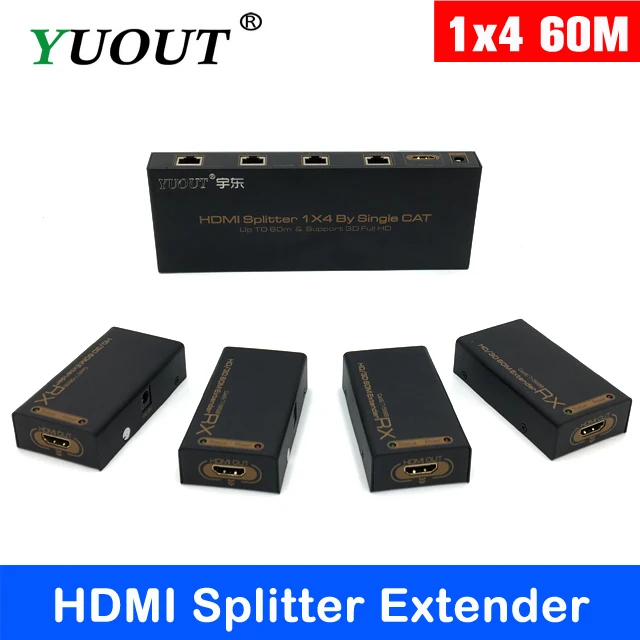 Бесплатная доставка 1 шт./лот HDMI разветвитель 1x4 от CAT6/7 60 м удлинитель передатчик 4