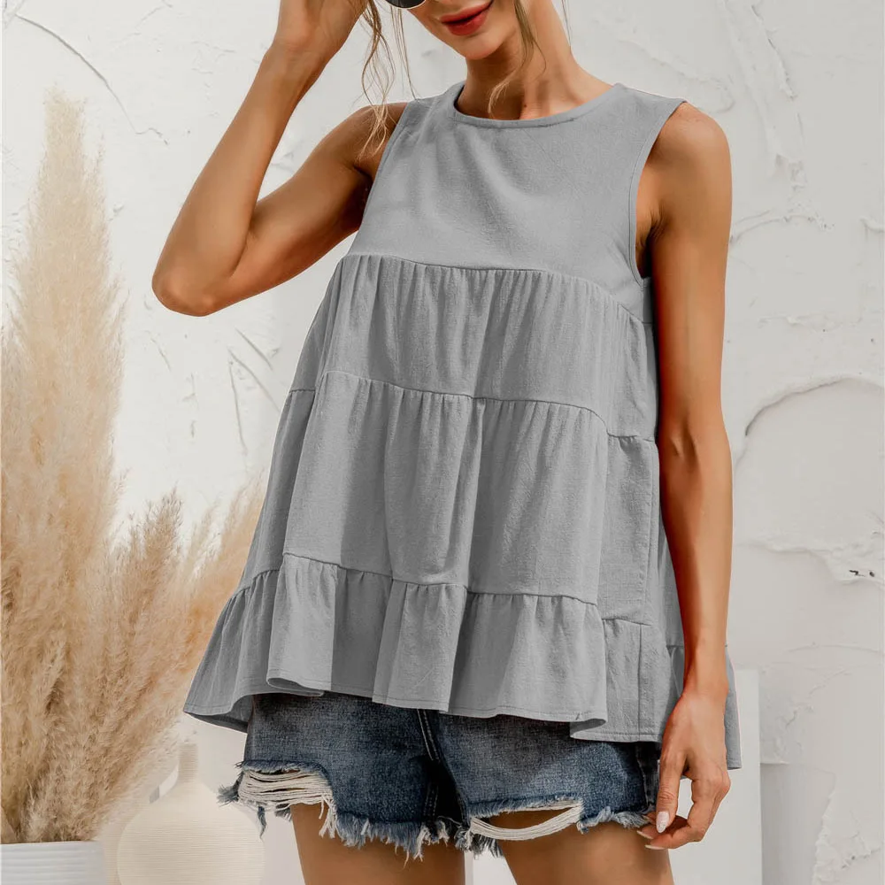 

Women O Neck Sleeveless Doll Vest Multi Stitching Loose Females Big Hem Solid Color Tanks Tops 2021 New Dropshipping