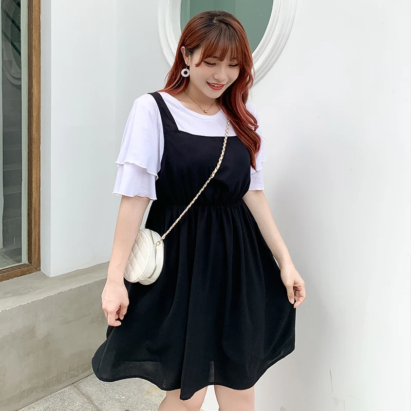 

New fashion Korean plus-size women's wear matching color fake two-piece dress 2378