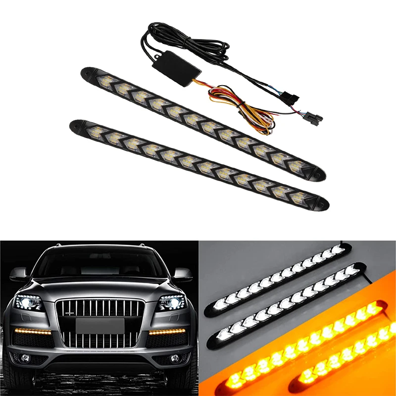 

Daytime Running Lighting 2 PCS Arrow Socal LED DRL Switchback Strips 12V Sequential Flashing Turn Signal Lamp Dual-Color Amber