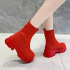 Женские вязаные Ботинки Челси на толстой подошве, красного цвета