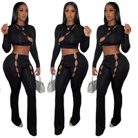 2021 autumn new womens hollow out two piece set fashion slim crop top flare pants set sexy party club outfit suits female