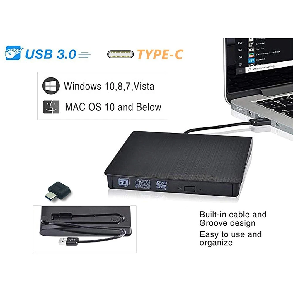 

External CD DVD Drive, USB C Writer Type C USB 3.0 CD DVD RAM Burner Combo High Speed Re-Writer For Laptop Notebook PC Desktop