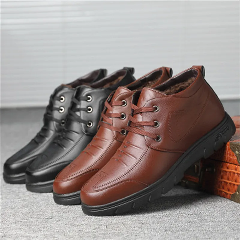 Ботинки мужские однотонные кожаные теплые водонепроницаемые ботильоны с