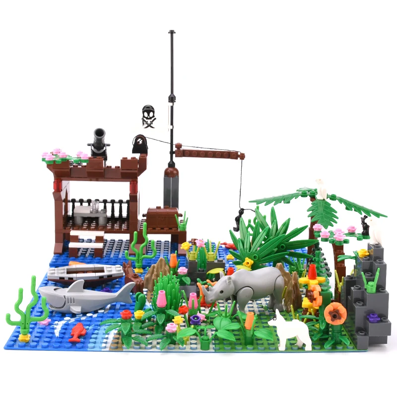 

Seaside Pirate base Animal Green Grass Jungle Bush Tree Plants Building Blocks DIY Assemble Compatible Baseplate Toys Children
