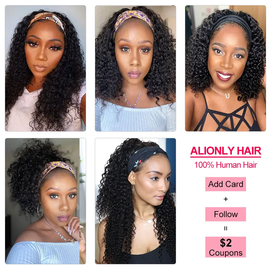 

150% Curly Headband Wig Brazilian Human Hair Wigs No Lace No Glue Curly Wig For Black Women Alionly Human Hair Wig with Headband