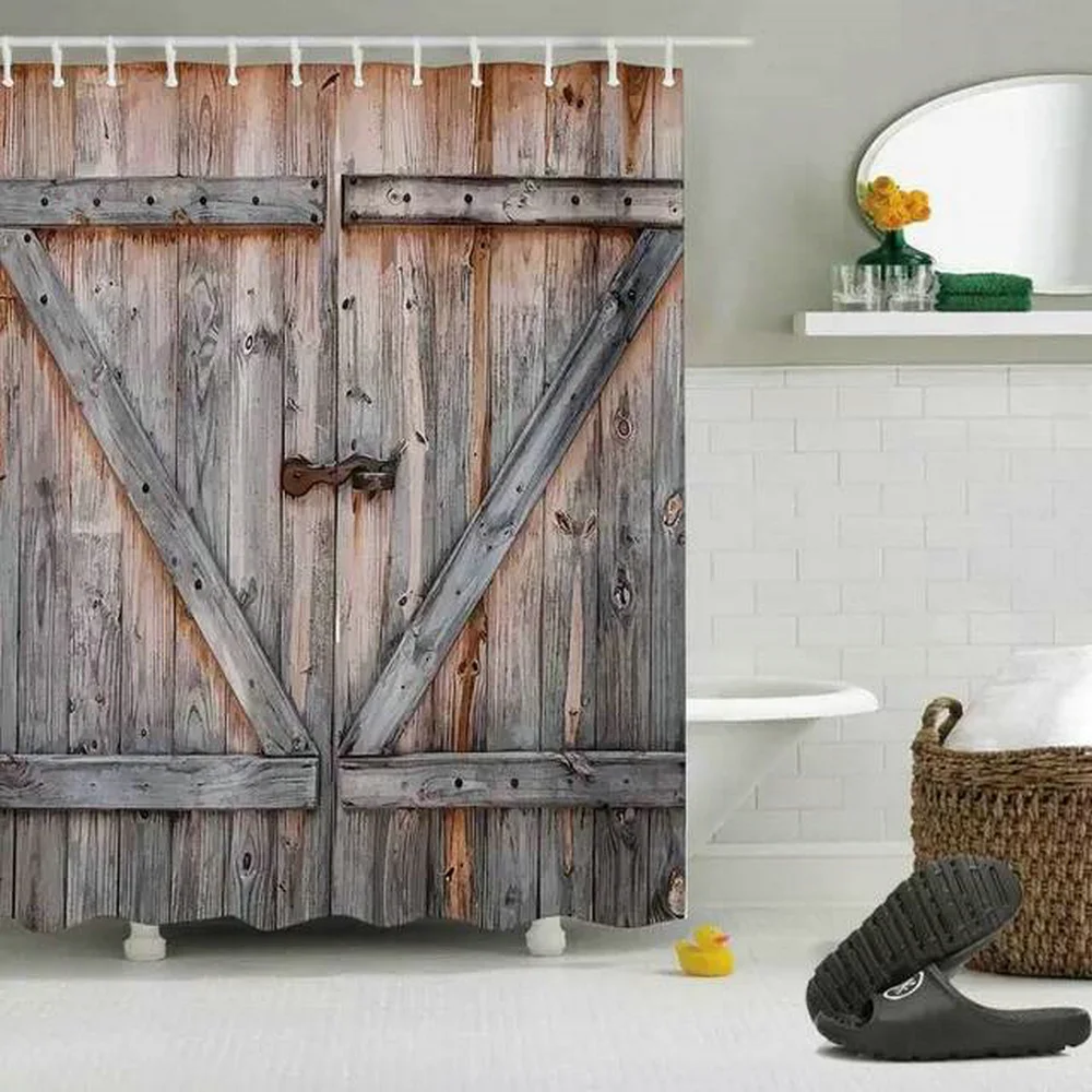retro rustic wooden door shower curtains vintage farm barn swinging saloon doors polyester cloth decor chic bathroom curtain set free global shipping