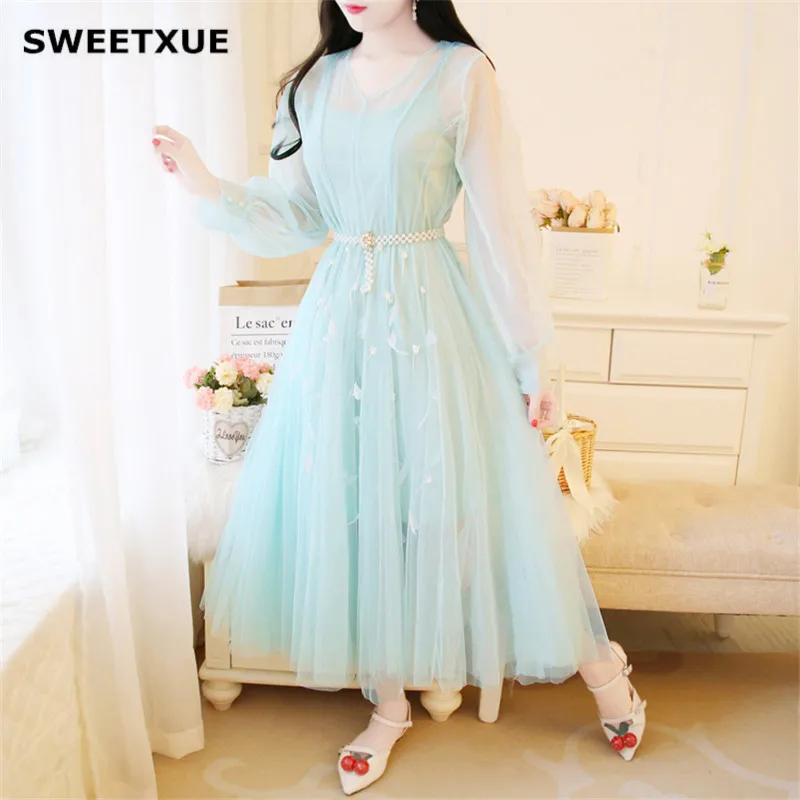 Женское платье с объемным пером SWEETXUE элегантное Сетчатое бусинами и подтяжками