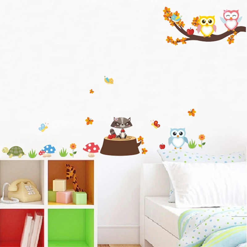 

Cute Owls Turtle Butterfly Animal Wall Stickers For Kids Room Bedroom Home Decoration Diy Cartoon Mural Art Pvc Wall Decals