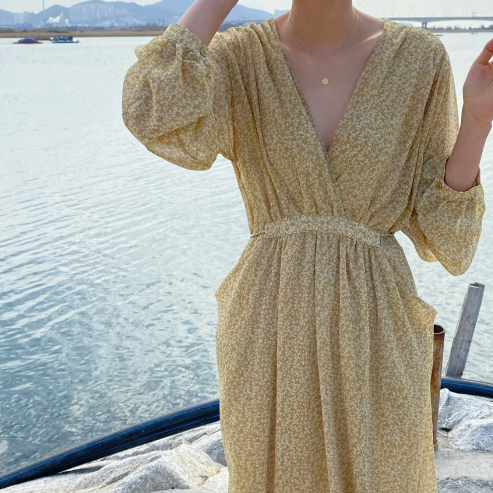 

2021 Women Summer Elegant V Neck Long Floral Chiffon Dress Drawstring Waistbelt Slim Fit Pullover Maxi Sundress