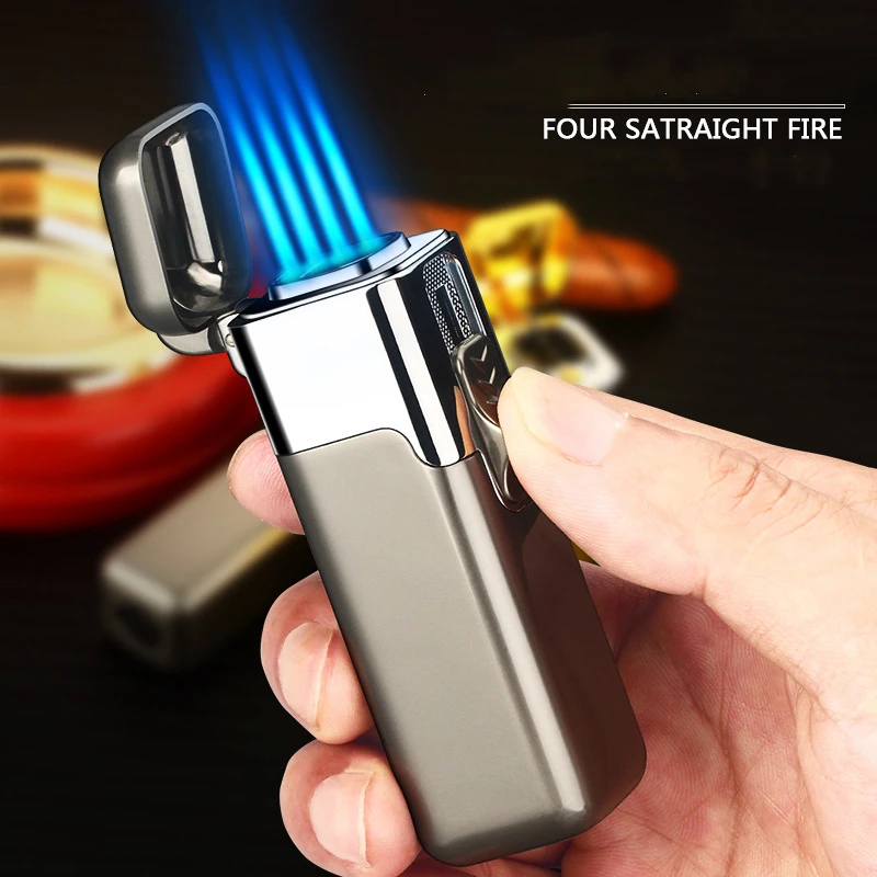 

New Windproof Four Nozzles Cigar Gas Lighters Jet Metal Torch Turbo Butane Cigarettes Lighter Spray Gun Gadgets Men Gift