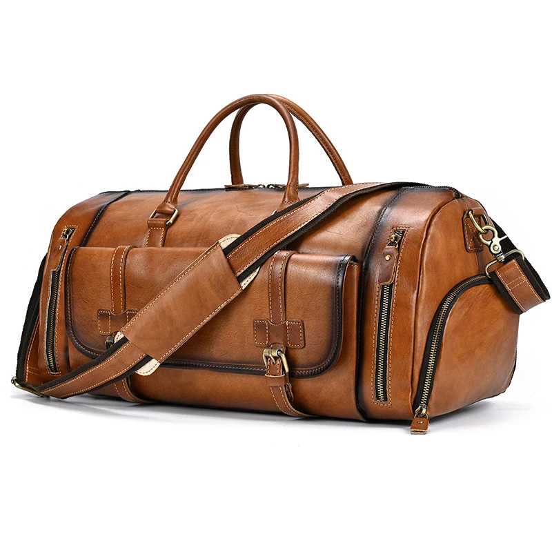 Genuine Leather Travel Bag Men handbag Cow Leather large Travel Duffel Retro Cowhide Weekend Bag big uggage Bag with shoe pocket
