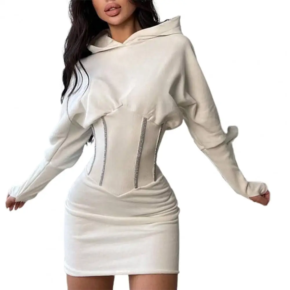 

Lady Mini Dress 2021 Spring Autumn Solid Color Elastic Waist Hooded Dress Casual Long Sleeve Sheath Dress for Daily Wear