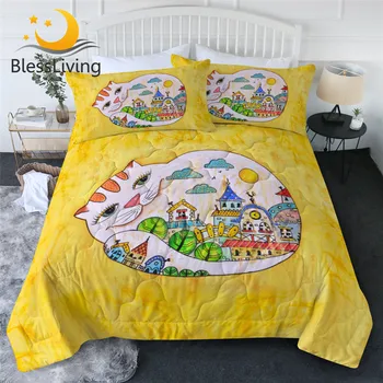 BlessLiving Cat Quilt Cartoon Animal Comforter Cityscape Blanket Throw Watercolor Illustration Bedspread Cute Housse De Couette 1