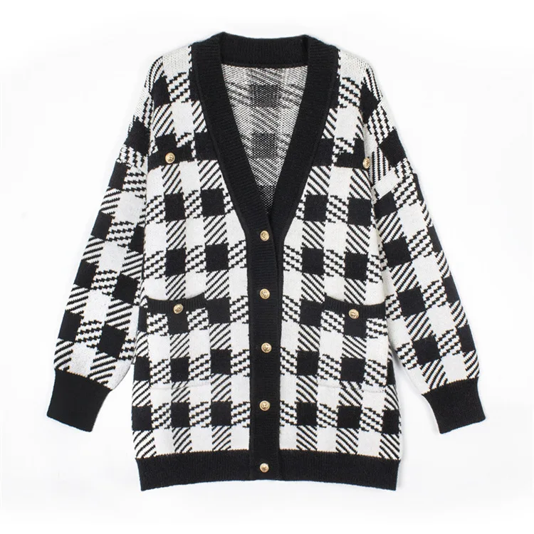 SINGRAIN Новинка женские вязаные Длинные кардиганы модные клетчатые топы с рисунком
